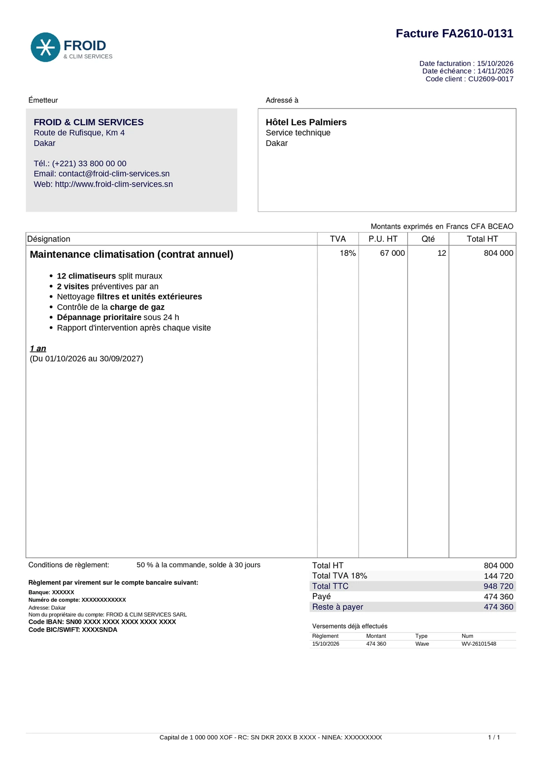 Exemple de facture GestPro : contrat de maintenance climatisation, TVA 18 %, acompte payé par Wave et reste à payer calculé