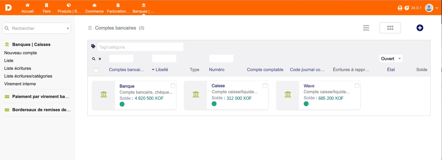 GestPro, comptes bancaires et caisses : banque, caisse et Wave avec leur solde